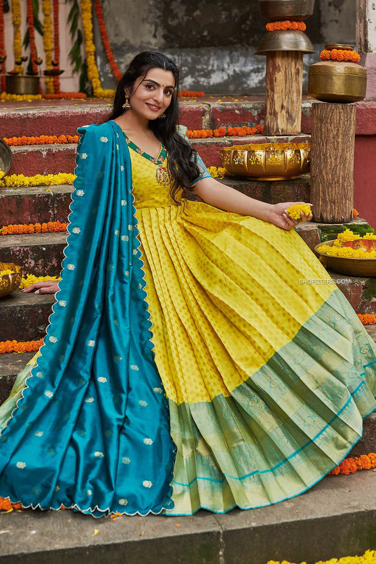 Yellow and Pink Banarasi Anarkali Gown – FALAKENOOR