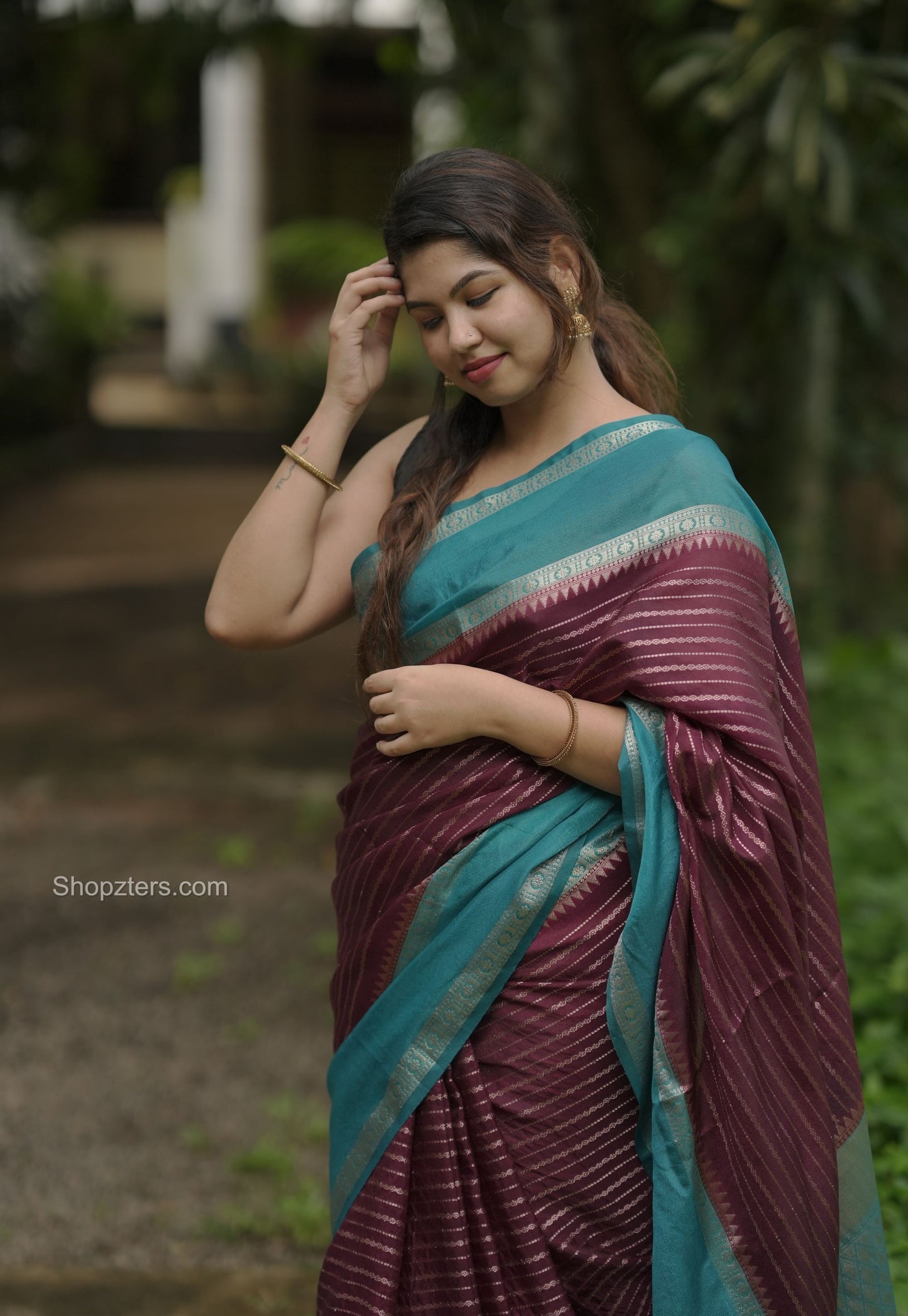 Wine Banarasi Silk Striped Saree with blue Border