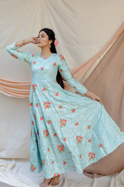 Pastel Blue Anarkali with Organza Dupatta