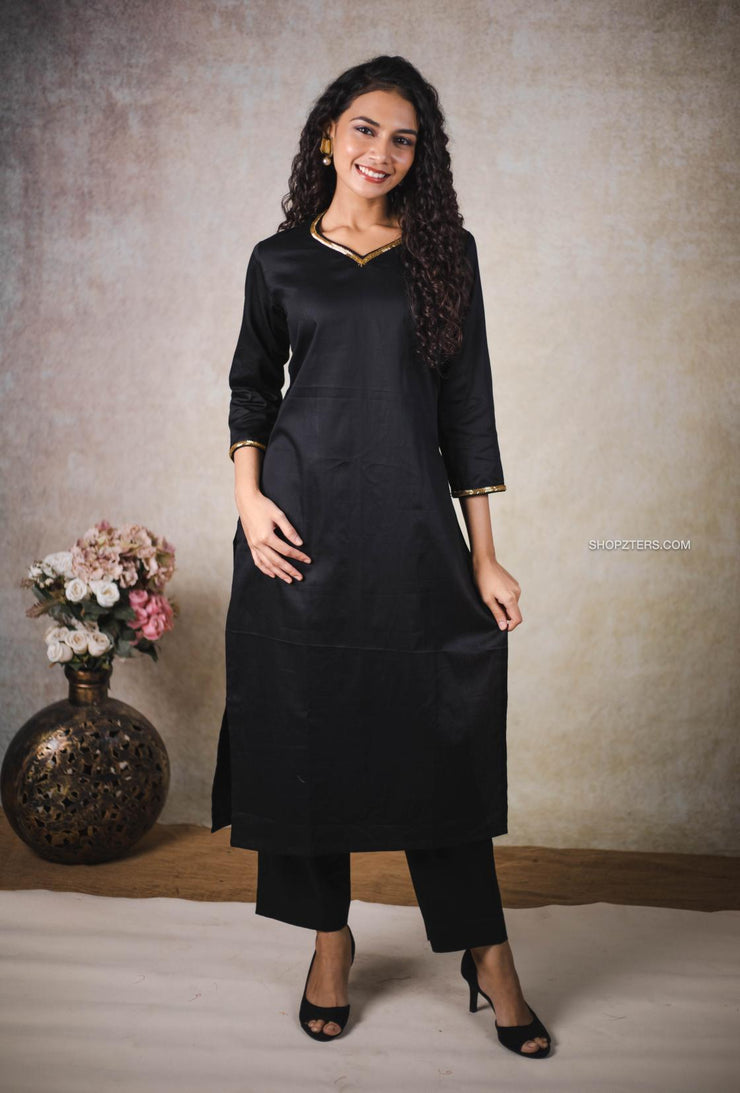 Black Cotton Satin Kurta Set