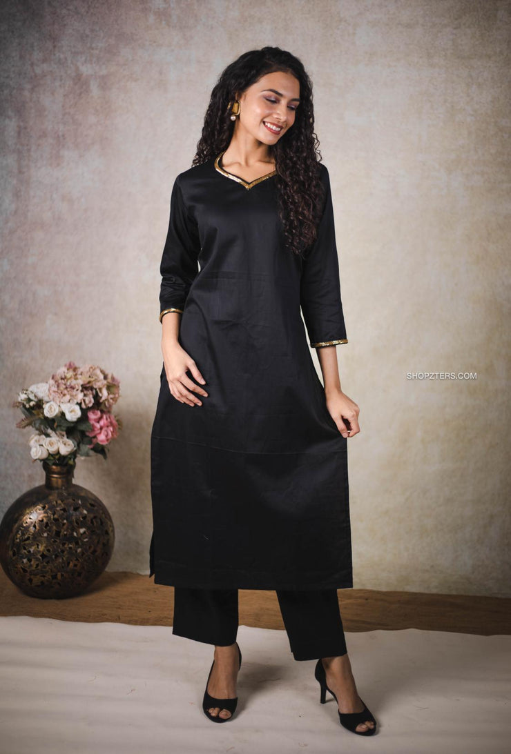 Black Cotton Satin Kurta Set