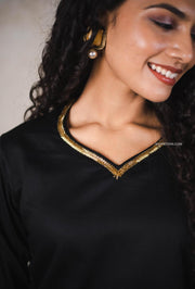 Black and Beige Cotton Satin Kurta Set