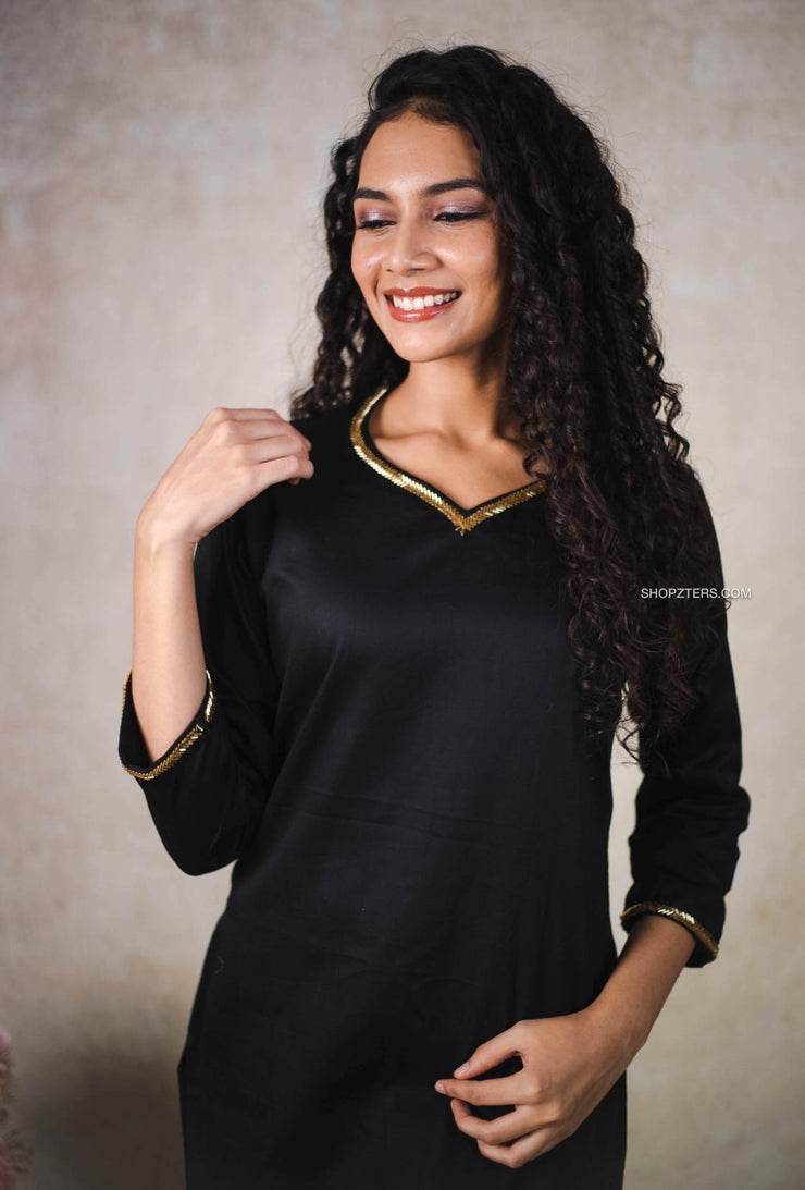 Black Cotton Satin Kurta Set