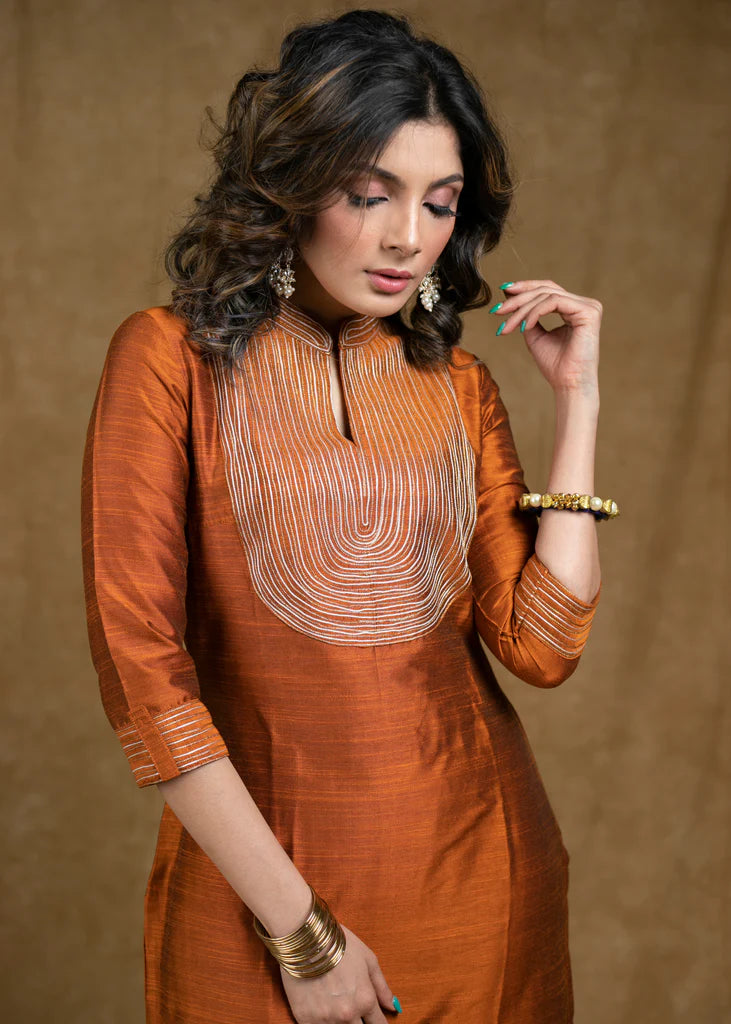Rust Cotton Silk Kurta Pant Set with Gold Zari Work & Heavy Chanderi Dupatta – 3 Piece