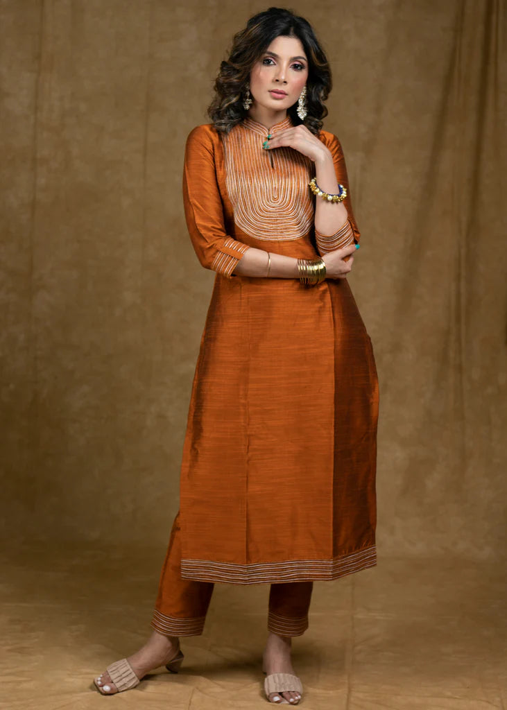 Rust Cotton Silk Kurta Pant Set with Gold Zari Work & Heavy Chanderi Dupatta – 3 Piece