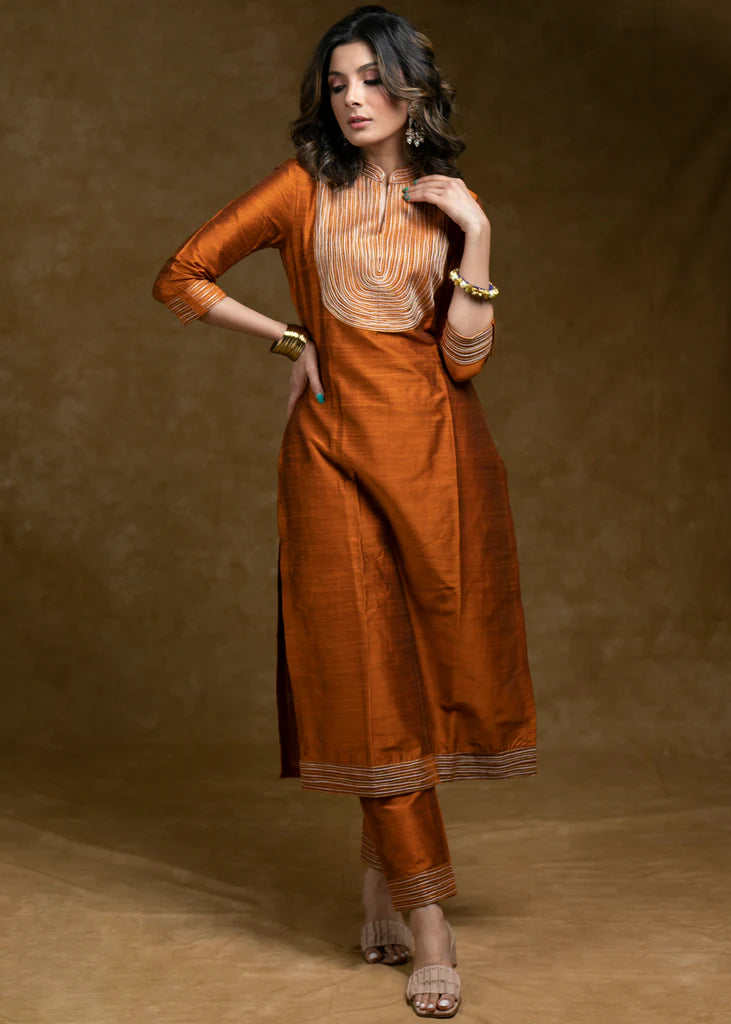 Rust Cotton Silk Kurta Pant Set with Gold Zari Work & Heavy Chanderi Dupatta – 3 Piece