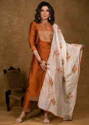 Rust Cotton Silk Kurta Pant Set with Gold Zari Work & Heavy Chanderi Dupatta – 3 Piece