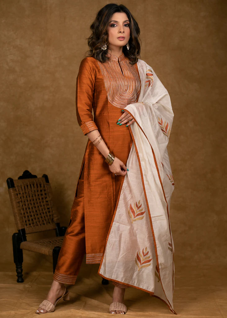 Rust Cotton Silk Kurta Pant Set with Gold Zari Work & Heavy Chanderi Dupatta – 3 Piece