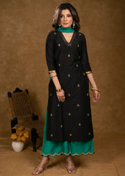 Elegant Black Cotton Silk Kurta with Overall Hand Embroidery and Green Palazzo Set - Dupatta Optional