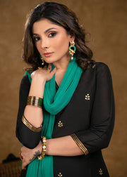 Elegant Black Cotton Silk Kurta with Overall Hand Embroidery and Green Palazzo Set - Dupatta Optional