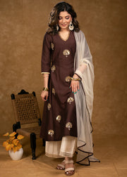 Brown Cotton Silk Overall Hand Embroidered Kurta with Off-White Palazzo -Dupatta Optional