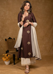 Brown Cotton Silk Overall Hand Embroidered Kurta with Off-White Palazzo -Dupatta Optional