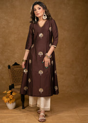 Brown Cotton Silk Overall Hand Embroidered Kurta with Off-White Palazzo -Dupatta Optional
