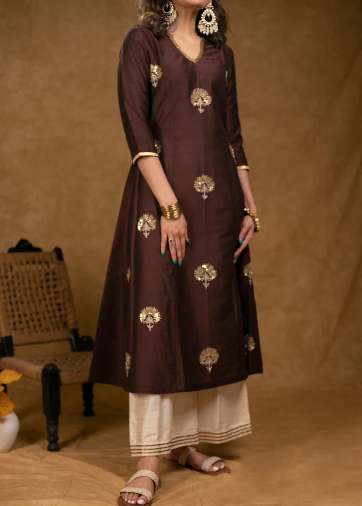 Brown Cotton Silk Overall Hand Embroidered Kurta with Off-White Palazzo -Dupatta Optional