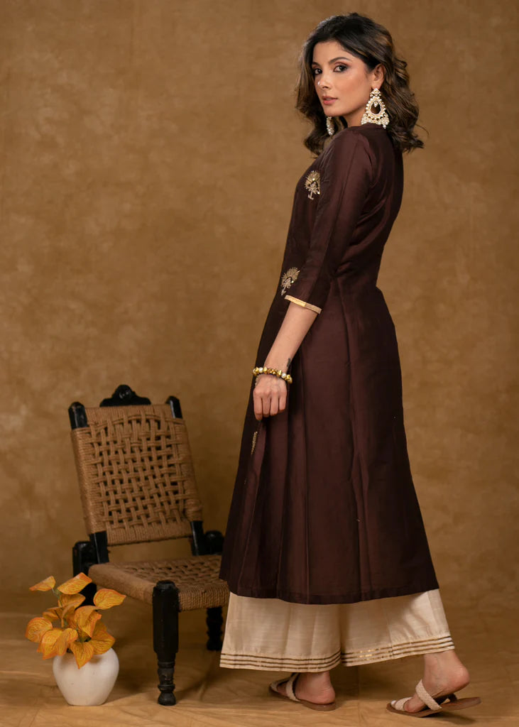 Brown Cotton Silk Overall Hand Embroidered Kurta with Off-White Palazzo -Dupatta Optional