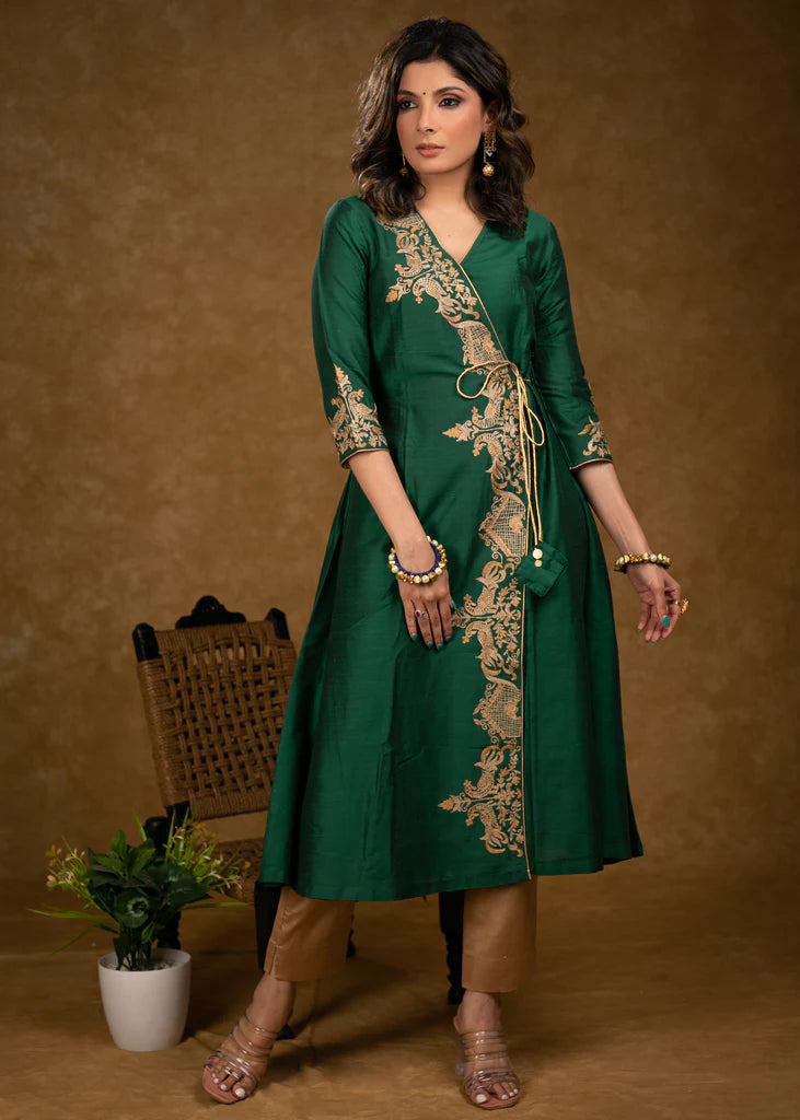 Bottle Green Cotton Silk Cross Over Kurta with Zari Embroidery & Dupatta (Pant Optional)