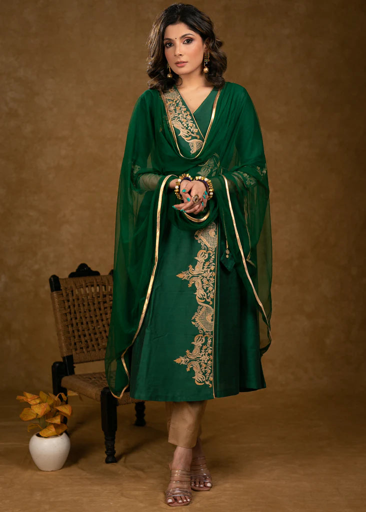 Bottle Green Cotton Silk Cross Over Kurta with Zari Embroidery & Dupatta (Pant Optional)