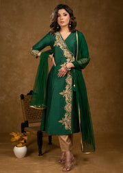 Bottle Green Cotton Silk Cross Over Kurta with Zari Embroidery & Dupatta (Pant Optional)