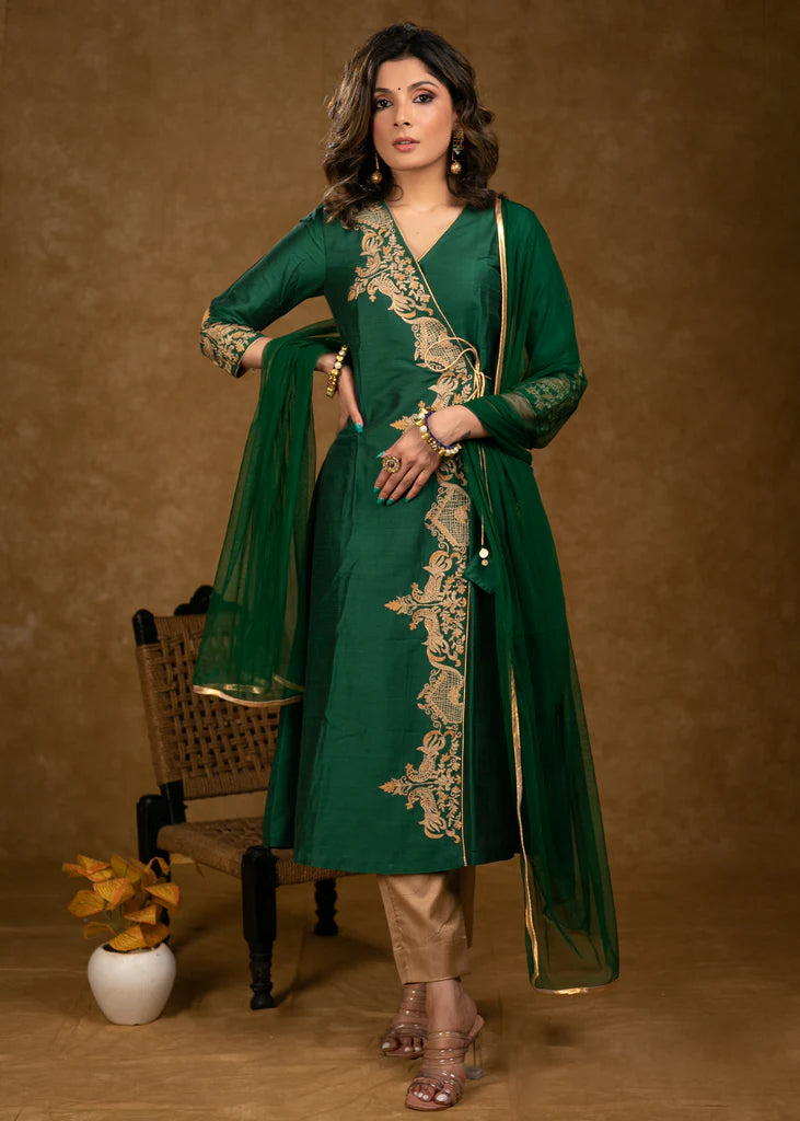 Bottle Green Cotton Silk Cross Over Kurta with Zari Embroidery & Dupatta (Pant Optional)