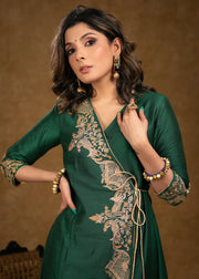 Bottle Green Cotton Silk Cross Over Kurta with Zari Embroidery & Dupatta (Pant Optional)