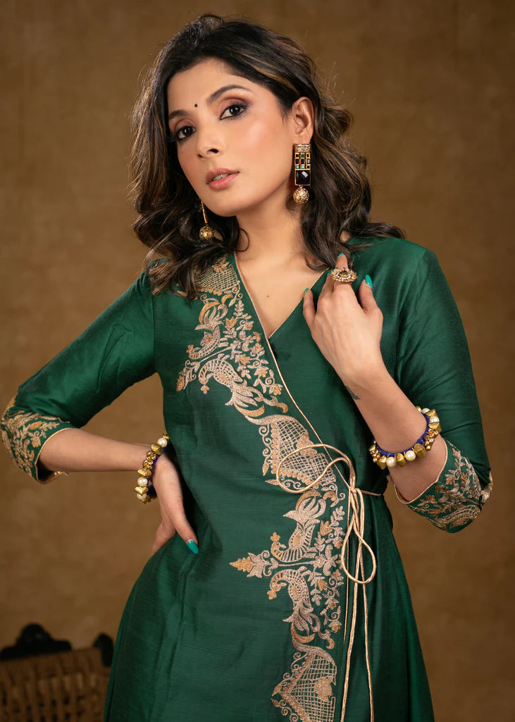 Bottle Green Cotton Silk Cross Over Kurta with Zari Embroidery & Dupatta (Pant Optional)
