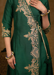 Bottle Green Cotton Silk Cross Over Kurta with Zari Embroidery & Dupatta (Pant Optional)