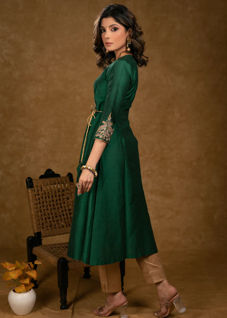 Bottle Green Cotton Silk Cross Over Kurta with Zari Embroidery & Dupatta (Pant Optional)