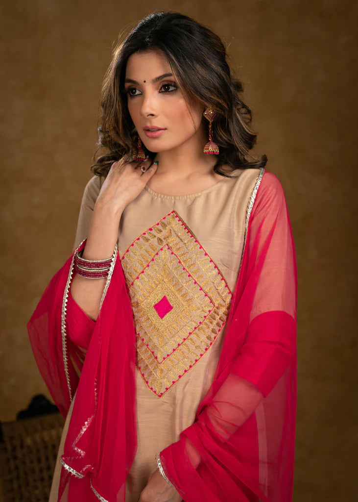 Beige Cotton Silk Kurta with Classy Zari Work and Dupatta (Pant Optional)