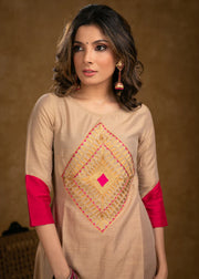 Beige Cotton Silk Kurta with Classy Zari Work and Dupatta (Pant Optional)