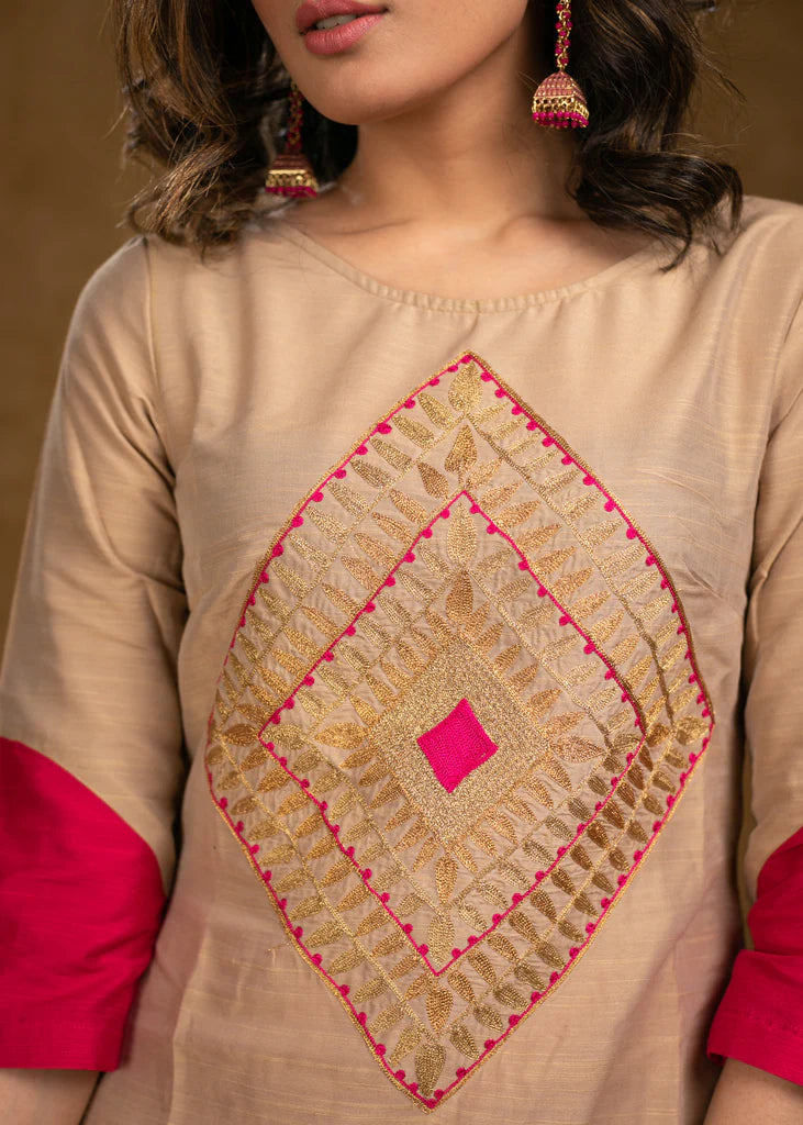 Beige Cotton Silk Kurta with Classy Zari Work and Dupatta (Pant Optional)