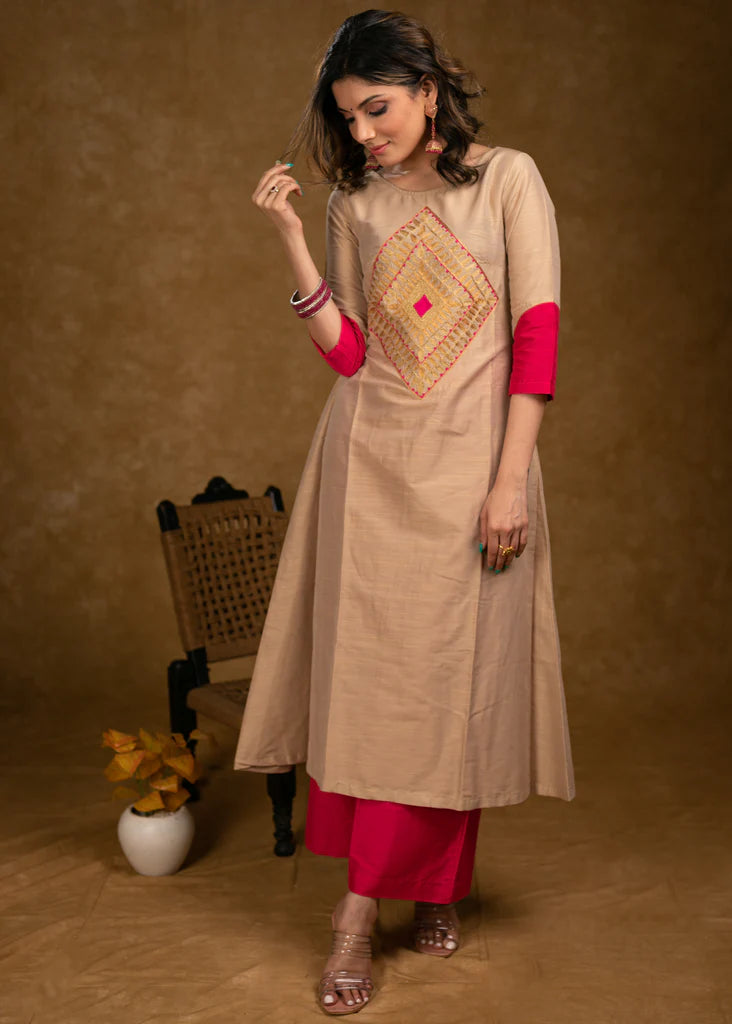 Beige Cotton Silk Kurta with Classy Zari Work and Dupatta (Pant Optional)