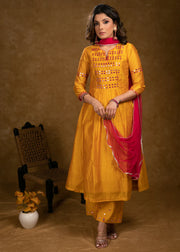 Mango Chanderi Kurta Set with Fuchsia Pink Mirror Hand Work on Yoke, Sleeves & Palazzo - Dupatta Optional