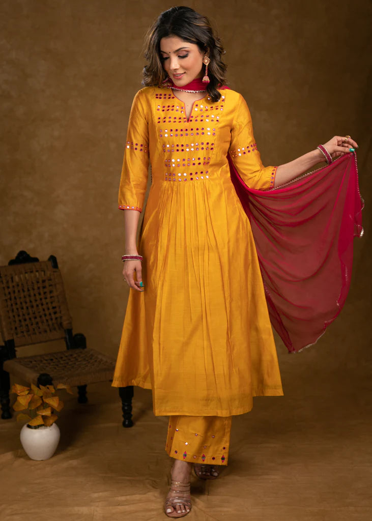Mango Chanderi Kurta Set with Fuchsia Pink Mirror Hand Work on Yoke, Sleeves & Palazzo - Dupatta Optional