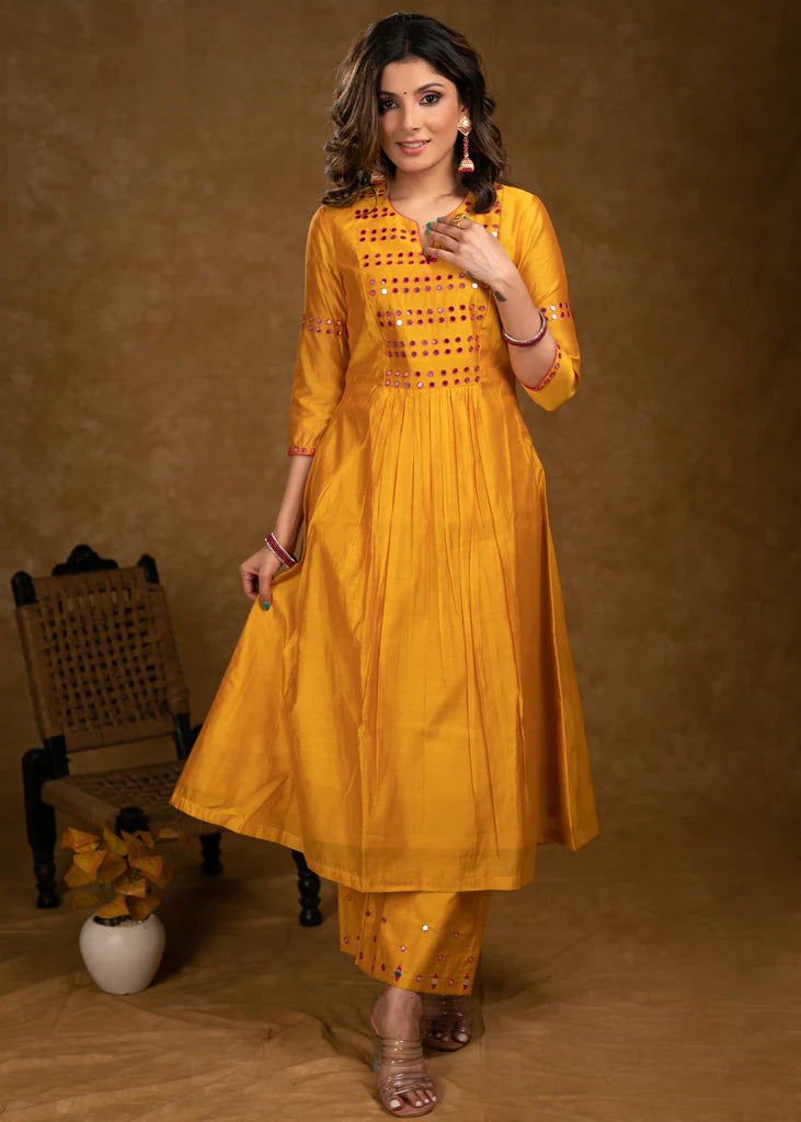 Mango Chanderi Kurta Set with Fuchsia Pink Mirror Hand Work on Yoke, Sleeves & Palazzo - Dupatta Optional