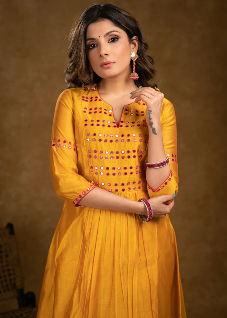 Mango Chanderi Kurta Set with Fuchsia Pink Mirror Hand Work on Yoke, Sleeves & Palazzo - Dupatta Optional
