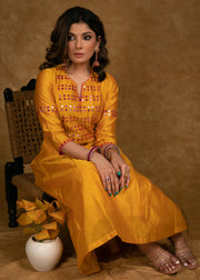 Mango Chanderi Kurta Set with Fuchsia Pink Mirror Hand Work on Yoke, Sleeves & Palazzo - Dupatta Optional