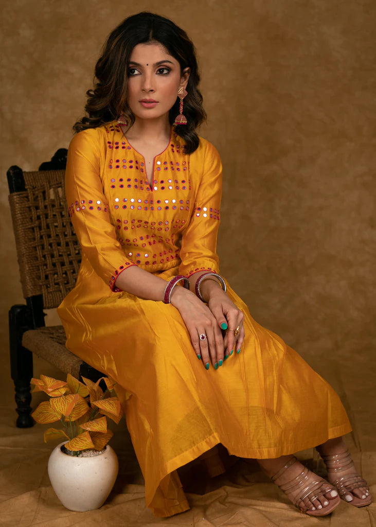 Mango Chanderi Kurta Set with Fuchsia Pink Mirror Hand Work on Yoke, Sleeves & Palazzo - Dupatta Optional