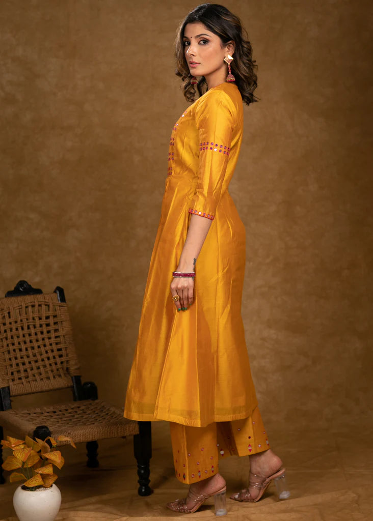 Mango Chanderi Kurta Set with Fuchsia Pink Mirror Hand Work on Yoke, Sleeves & Palazzo - Dupatta Optional