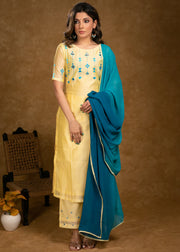 Lemon Yellow Chanderi Kurta Set with Contrast Embroidery – 3 Piece