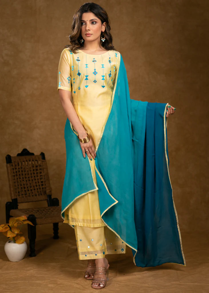 Lemon Yellow Chanderi Kurta Set with Contrast Embroidery – 3 Piece