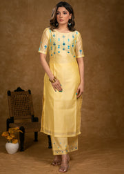Lemon Yellow Chanderi Kurta Set with Contrast Embroidery – 3 Piece
