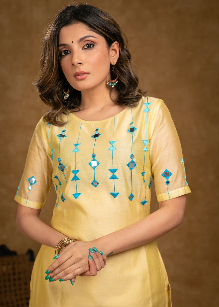 Lemon Yellow Chanderi Kurta Set with Contrast Embroidery – 3 Piece