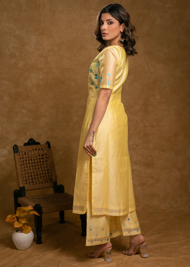 Lemon Yellow Chanderi Kurta Set with Contrast Embroidery – 3 Piece