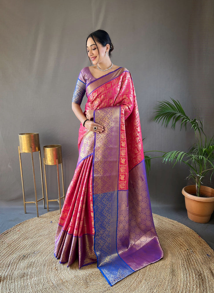 Checked Pattern Peacock And Elephant Buttas Silk Saree