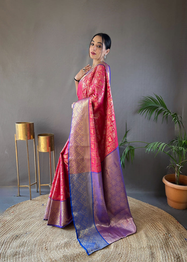 Checked Pattern Peacock And Elephant Buttas Silk Saree