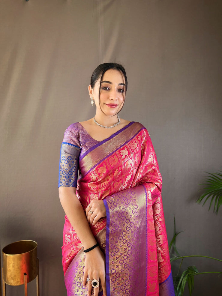 Checked Pattern Peacock And Elephant Buttas Silk Saree