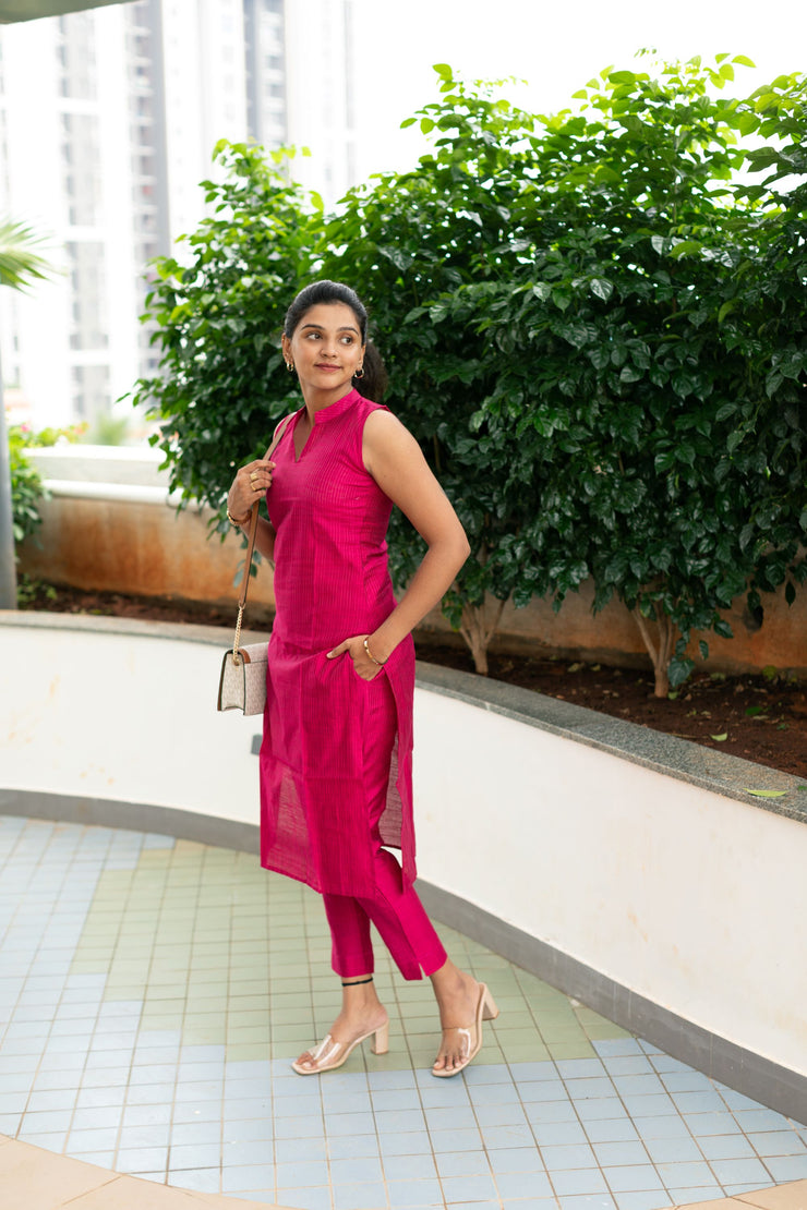 Pink Striped Semi Silk Kurta And Pants