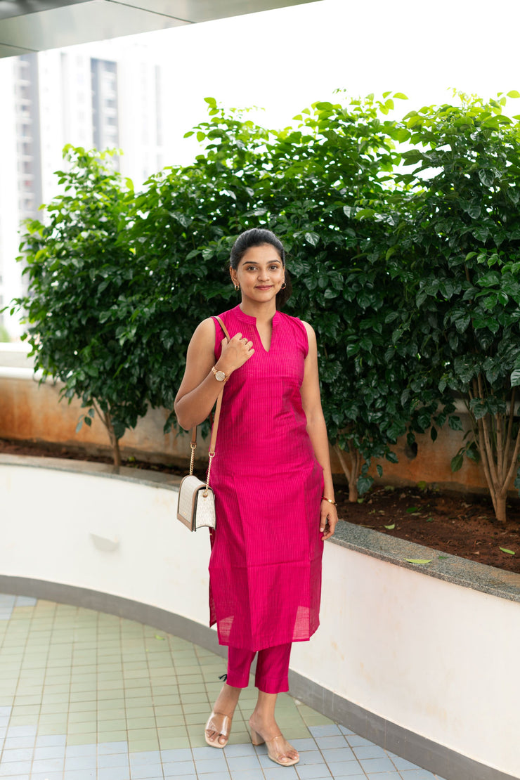 Pink Striped Semi Silk Kurta And Pants