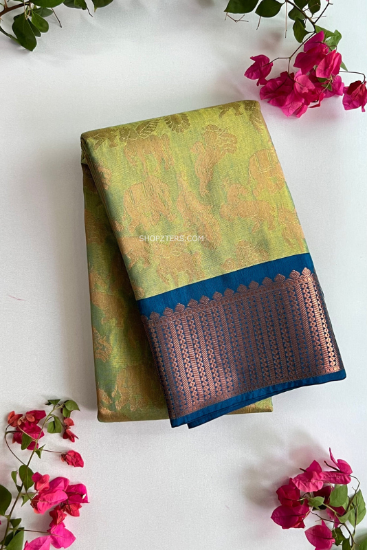 Light Green With Navy Blue Border Semi Silk Saree