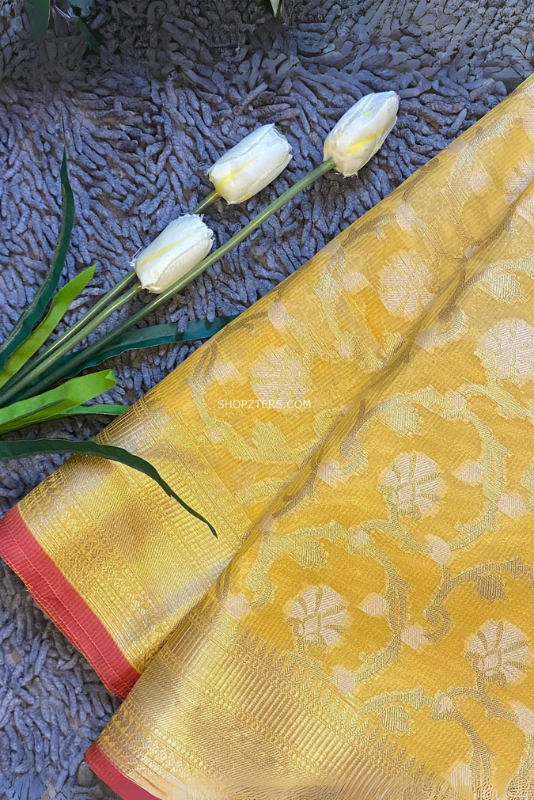 Yellow Floral Banarasi Kota Silk Saree